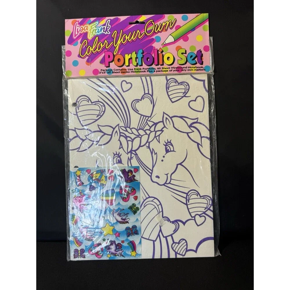 Vintage Lisa Frank Color Your Own Folder W/ Stickers NEW Portfolio Unicorn Bears